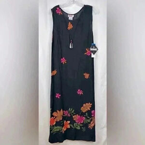 NWT R&K Womens Vintage Tropical Hawaiian Floral Maxi Dress Side Slits Black Sz14